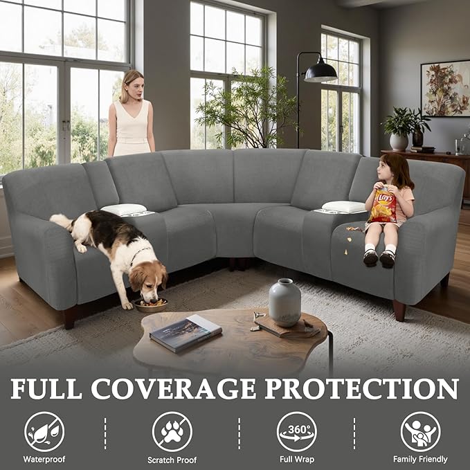Couch Covers for Sectional Sofa Reclining L Shape Waterproof Washable Sectional Couch Covers Super Stretch Recliner Sofa Slipcover(5 Seater 2 Console Cover, Grey)