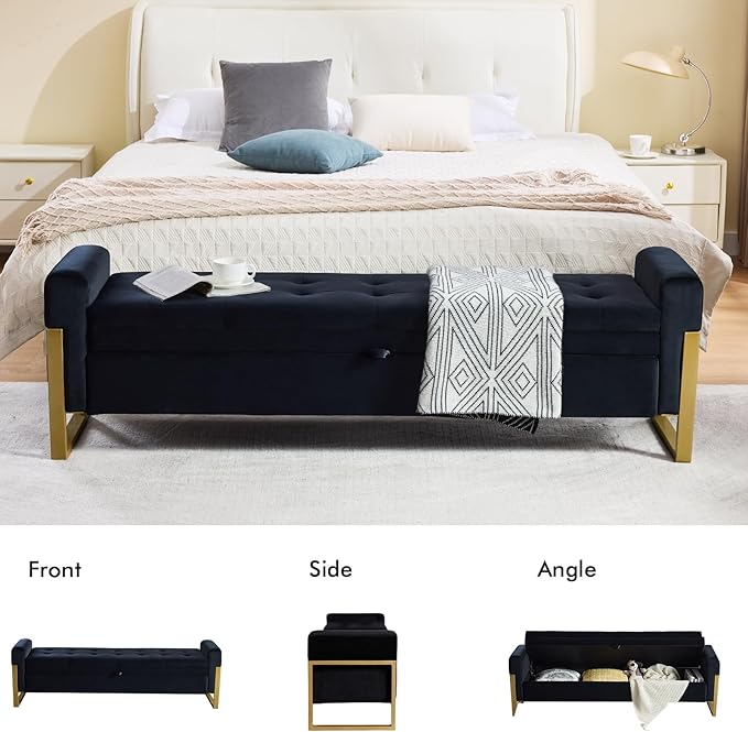 67" End of Bed Storage Bench King Size, Velvet Storage Bench for Bedroom Foot of Bed, Upholstered Storage Ottoman Bench with Gold Legs for Window Living Room Entryway, Black