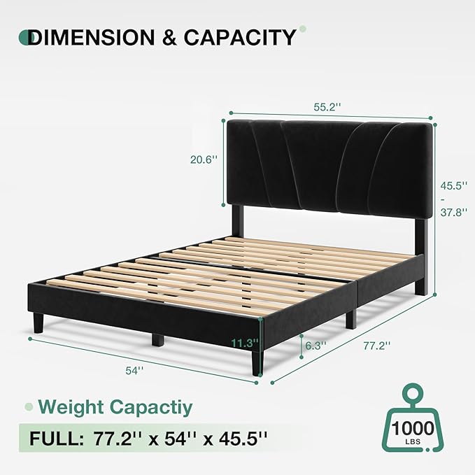 Novilla Full Size Bed Frame with Headboard, Full Bed Frame with Wooden Slats Support, Velvet Upholstered Headboard, No Box Spring Needed, Heavy Duty Feet, Easy Assembly, Black Velvet