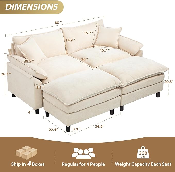 Oversized Modular Sectional Sofa, 80 Inch U Shaped Cloud Couch Set, 2-Seat Comfy Convertible Sofa with 2 Movable Ottoman, DIY Combination Sleeper Couch for Living Room(Chenille, Beige)