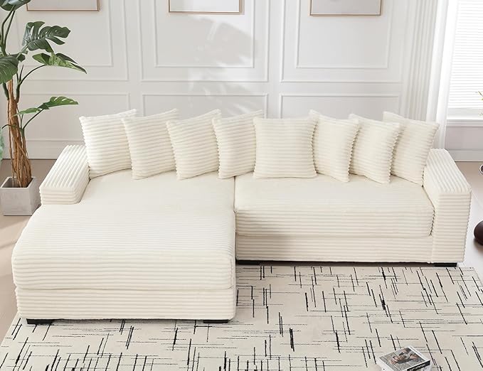 111 Inch Cloud Sectional Couches for Living Room | L-Shaped Sectional Couch with 8 Pillows | Corduroy Couch with Deep Seat | Solid Wood Frame Sofa Beige (Left Facing Chaise)