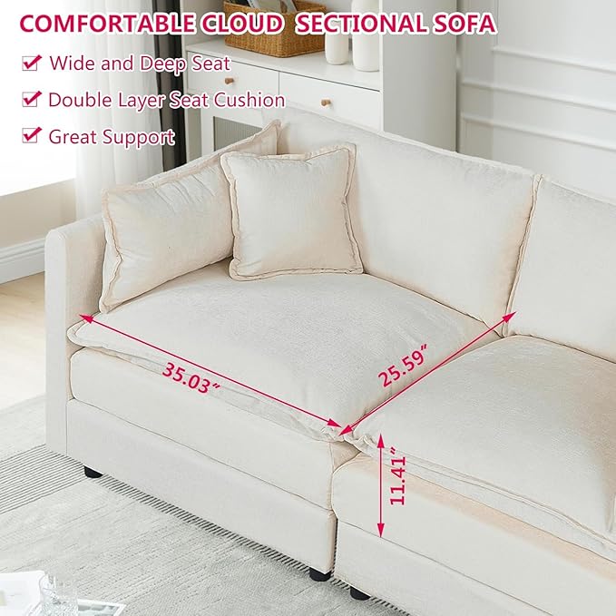 Setawix Deep 3 Seater Couch with Ottomans,112.2" U-Shaped Cloud Couches for Living Room,Chenille Cloud Sofa Couch with Deep Seat,Modular Sectional U Shape 3 Seat Sofa for Bedroom (Beige, 3+2)