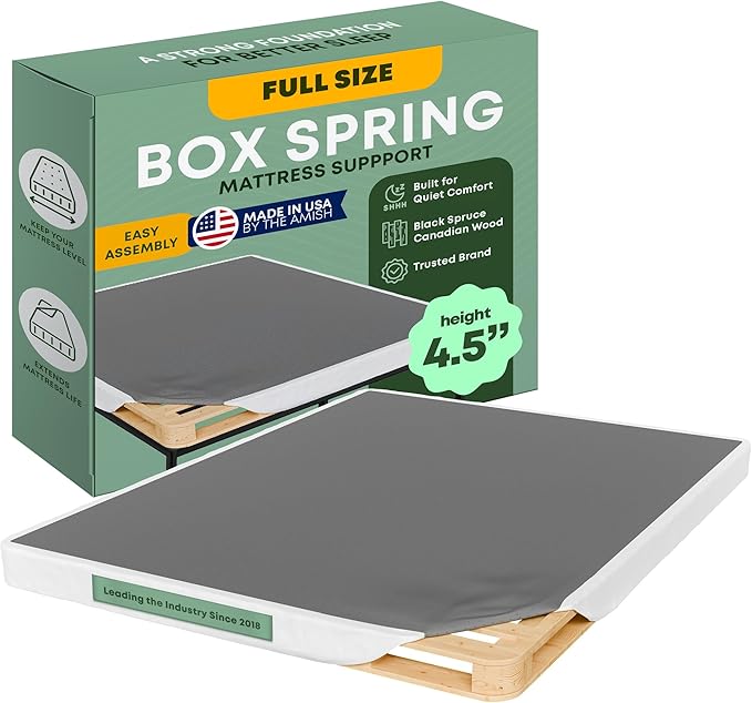 Greaton, Unassembled Full Bed Inch Wood Box Spring Only – Amish Made in USA – Quiet Noise-Free Replacement Mattress Packed Flat, Easy Assembly (White), 4.5" Foundation