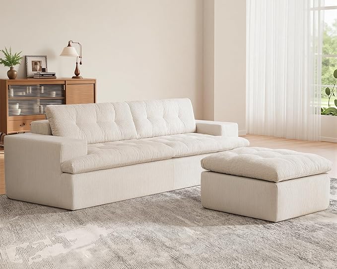 Cloud Sectional Boneless Sofa with Ottoman, Modular L Shaped Couch with Layered Cushion, Fluffy Comfy Couches for Living Room, No Assembly, Beige