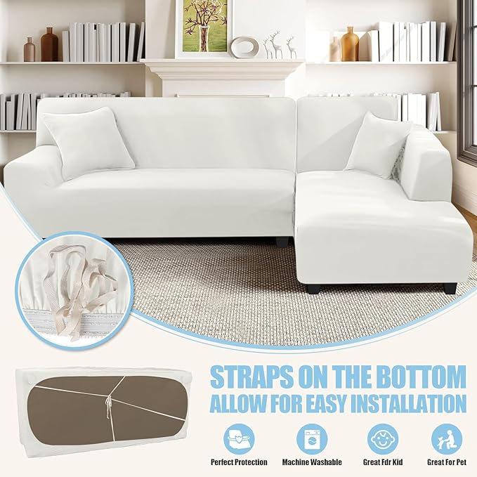 KinCam Sectional Couch Covers L Shape Sofa Covers Super Stretch 2pcs Sofa Slipcovers for 3 + 3 Seaters Sectional Chaise Slipcover with 2pcs Pillow Covers for Pets Kids, White