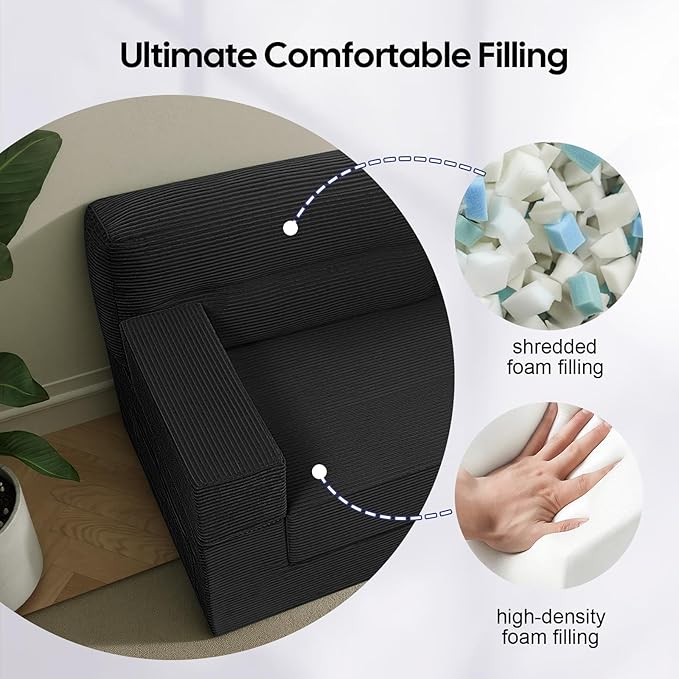 MeMoreCool Boneless Couch Convertible Sofa Bed Queen, Corduroy Futon Couch Sleeper Sofa, Boneless Loveseat Pull Out Couch Bed, Fold Out Floor Sofa for Living Room Bedroom Apartment, Black