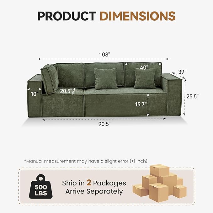 108'' Chenille Boneless Couch, Oversized Modular Sectional 3 Seater Sofa, Modern Deep Seat Corner Cloud Compressed Couch, No Assembly Sleeper Sofa with Chaise for Living Room, Green