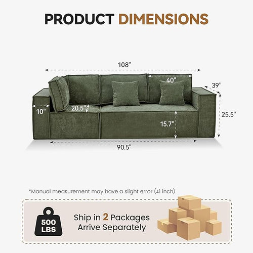 108'' Chenille Boneless Couch, Oversized Modular Sectional 3 Seater Sofa, Modern Deep Seat Corner Cloud Compressed Couch, No Assembly Sleeper Sofa with Chaise for Living Room, Green