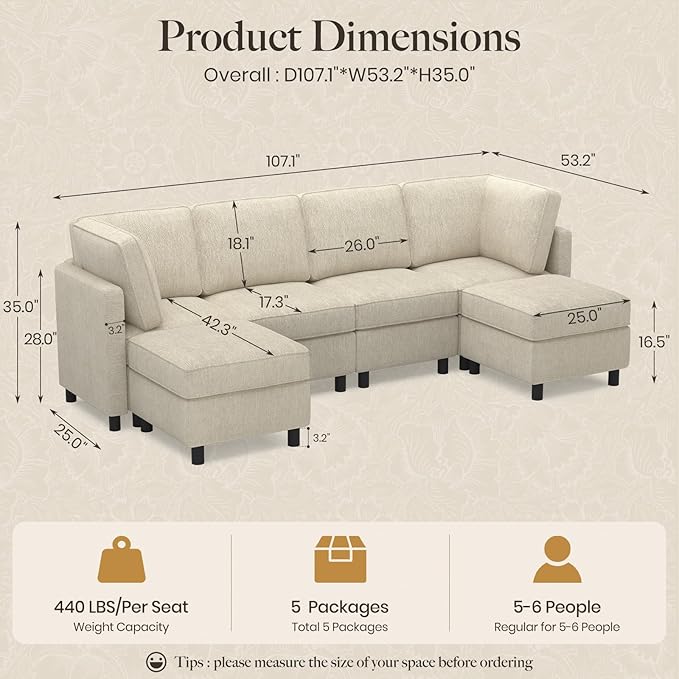 Belffin 110.2" Modular Sectional Sofa 6 Seats U Shaped Couch Washable Sectional Couches for Living Room Comfy Couches with Storage Seat Couch Sofas with Chaise,Beige