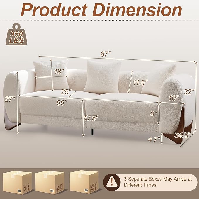 87" Sherpa Boucle 3 Seater Sofa Modern Cloud Couch with Solid Wood Legs, 25in Extra Deep Seat, Comfy Thick Cushion Upholstered Sofa Couches with 3 Pillows for Living Room, White