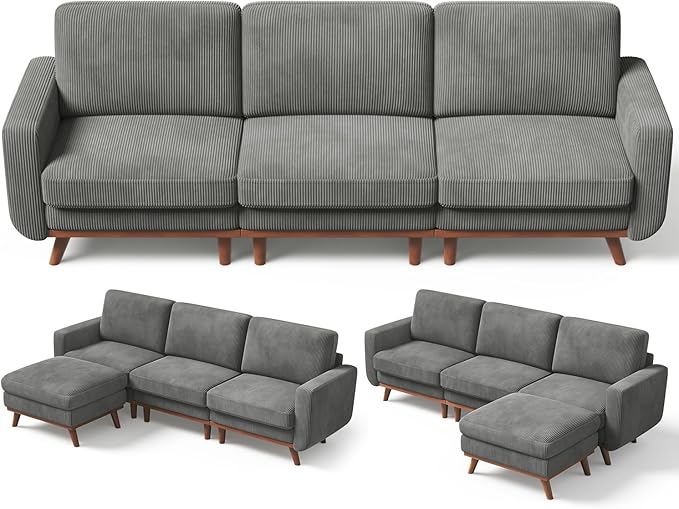 Vesgantti L-Shaped Modern Sofa, Modular Sectional Cloud Couch with Ottoman, Comfy Corduroy Deep Seat Sofa for Living Room, Bedroom and Apartment, Dark Gray
