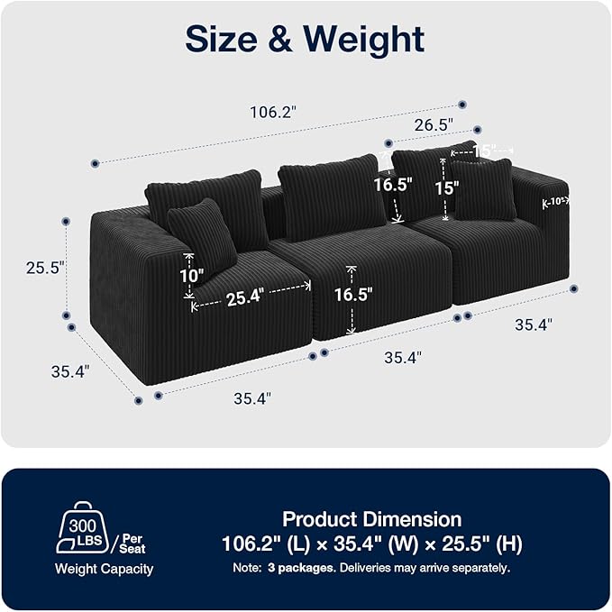Avenco 106” 3-Seater Modular Sofa, Individually Wrapped Coil Support & Corduroy Fabric, Zero Assembly 3-Piece Set for Apartment, Black