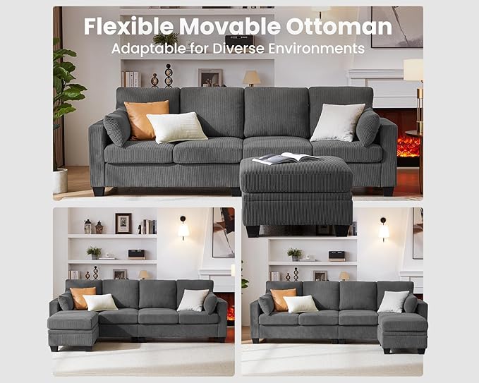 CHIC HOUSE Modular Sectional Sofa with Storage Ottomans, Corduroy Cloud Couch for Small Spaces & Apartments, Reconfigurable L/U Shaped Convertible Corner Sofa (Dark Grey,5 Seater Sectional)