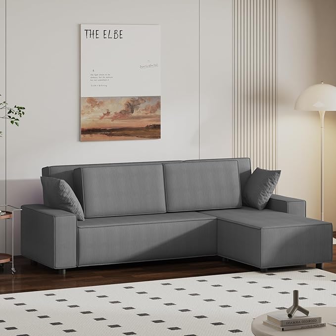GAOMON Fine Stripe Corduroy Sectional Sofa, l Shaped Modern Corduroy Couch, Comfy Sofa Couch with Deep Chaise for Living Room, Apartment, Hotel, 96" w*61" d*32" h, Dark Grey