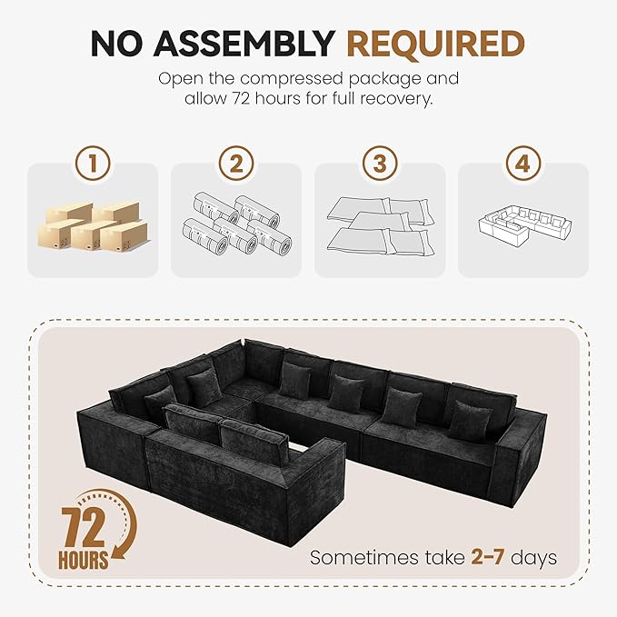 167'' Boneless Chenille U Shaped Couch, Oversized Modular Sectional 9 Seater Sofa, Modern Deep Seat Corner Cloud Compressed Couch, No Assembly Sleeper Sofa with Chaise for Living Room, Black