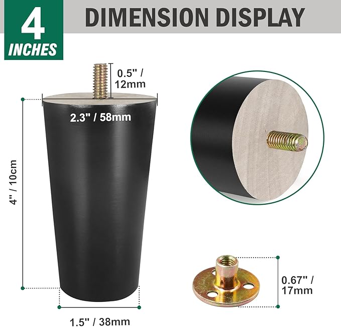 FoDau770 Black Rubber Wood Furniture Legs 4 Inches, Straight Tapered Wood Feet Mid Century Sofa Legs Set of 8, 5/16" UNC Furniture Feet for Cabinet Couch Dresser Chair Ottoman Table