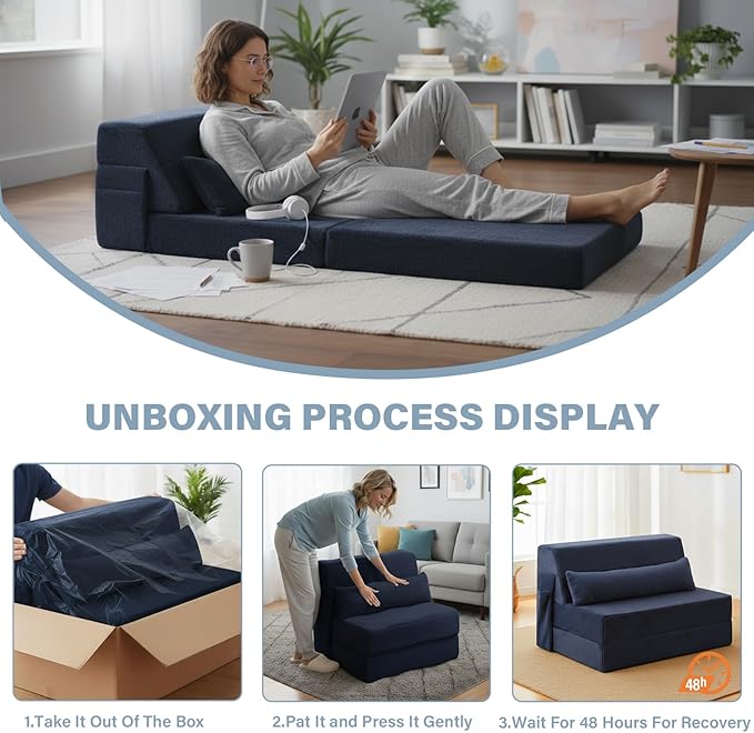 Tiita Convertible Folding Sofa Bed Single Size for Adults with Pillow, Plush Fabric Floor Mattress Couch Bed, Washable Cover & Side Pocket, Guest Room, Dorm, Apartment, Living Room, Navy