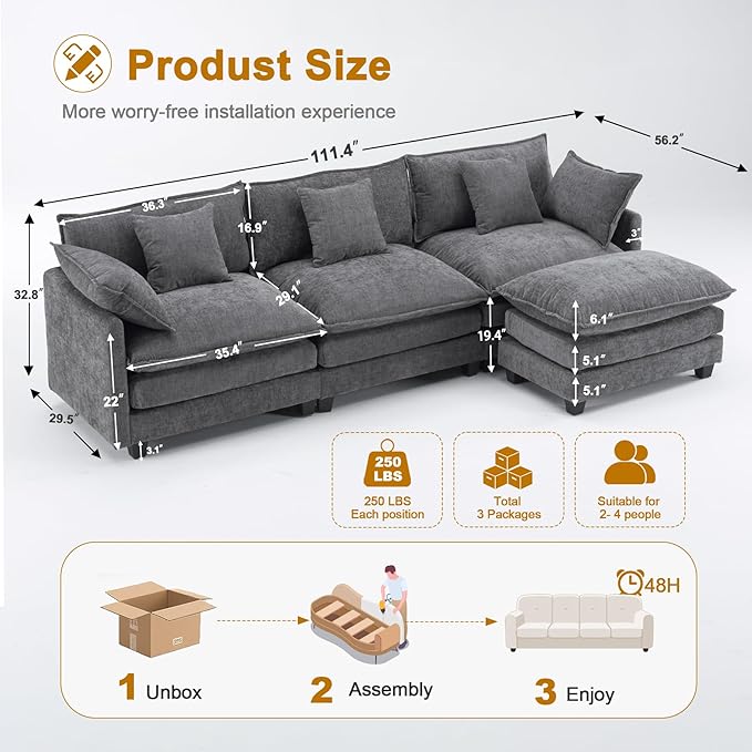 111.4" L-Shaped Cloud Chenille Sofa Sectional Couch with Reversible Chaise, Flexible 3+1 Layout for Large Spaces, Deep Seat and Free Pillows Included