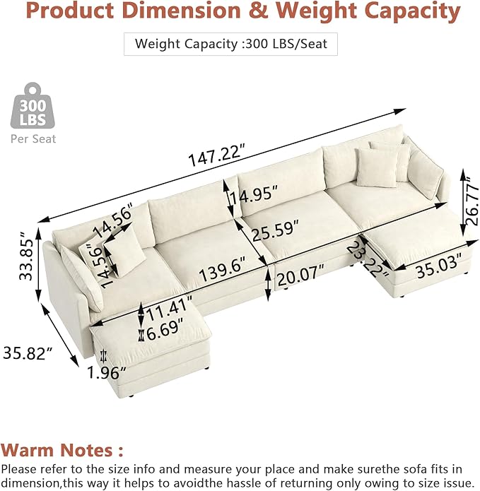 Setawix Deep 4 Seater Couch with Ottomans,147.22" U-Shaped Cloud Couches for Living Room,Chenille Cloud Sofa Couch with Foorest,Modular Sectional U Shape 4 Seat Sofa for Bedroom (Beige, 4+2)