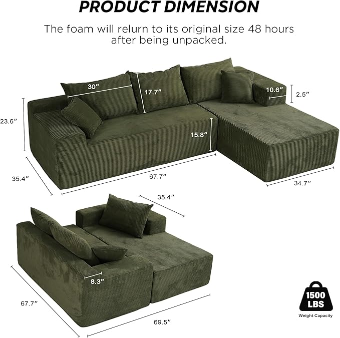 Green 103” Cloud Couch Sectional Sofa in Box with L-Shape Chaise,Modern Modular Couches Upholstered with Deep Seat for Living Room,No Assembly Required