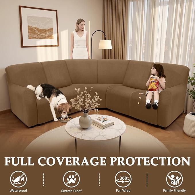 Waterproof Reclining Sectional Couch Covers Washable L Shaped Couch Cover for Sectionals Recliner Sofa Covers Stretch Corner Recliner Slipcovers for Dogs (5 Seater Cover, Light Brown)