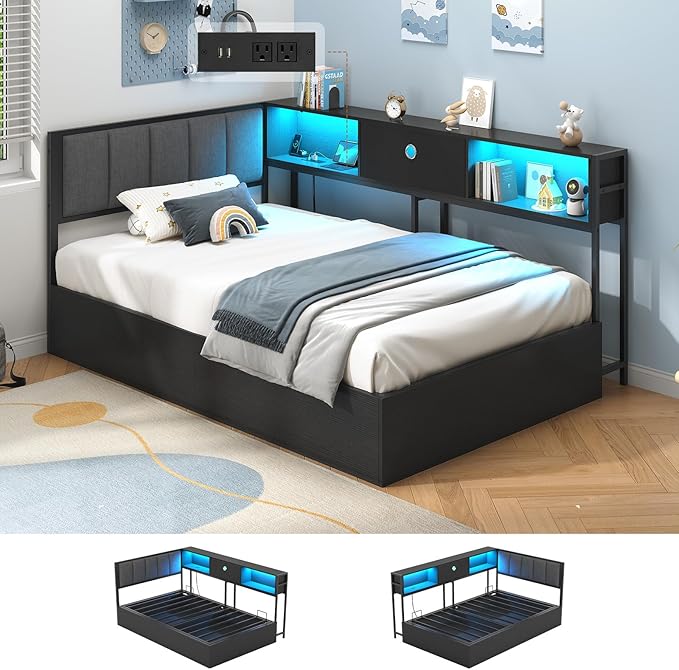 Hasuit Corner Twin Lift Up Storage Bed Frame with Charging Station & LED Lights, Twin Day Bed with Upholstered Headboard and Bookcase, Corner Beds with Hydraulic for Kids Teens Guests, Black