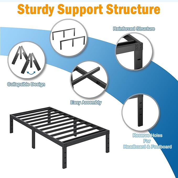 SHLAND Bed Frame Twin, 18 Inch Metal Twin Platform Bed Frame No Box Spring Needed, Mattress Foundation, Storage Space, No Noise, Easy Assembly