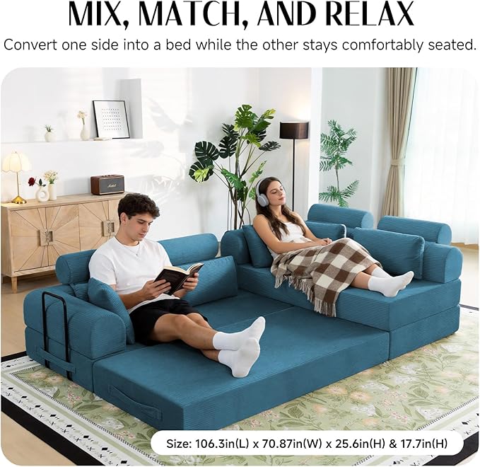 106" L-Shaped Modular Boneless Couch, 2-Piece System (2×70.87"), Convertible Sectional to 141.7" Straight Sofa, Corduroy Couch in a Box, Headrest & Back Pillows for Living Room, Ocean Blue