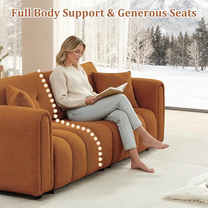 91.5" W Cloud Boucle Sofa for Living Room, Modern Comfy Boucle Couch with Rolled Arms and Soft Pillows, Teddy Oversized Loveseat for Apartment, Studio, Bedroom, Orange