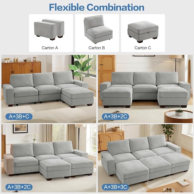 TEKAMON 100" Modular Sectional Sofa with Seats Storage, L Shape Couch with Movable Ottoman for Living Room, Couch with Chaise, Solid Wood Frame, Spring Cushions, USB Port, Removable Covers, LightGrey
