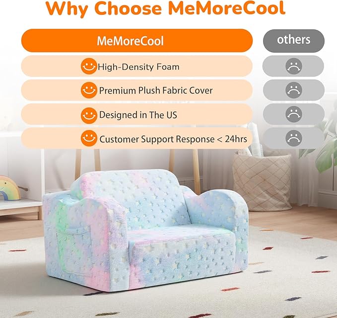 MeMoreCool Glowing Pastel Rainbow Kids Chair, 2-in-1 Foldable Kids Couch and Kids Sofa for Playroom Nursery, Soft Foam Fold Out Kids Couch with Glow-in-the-Dark Stars, Washable Cover | Reading, Lounging