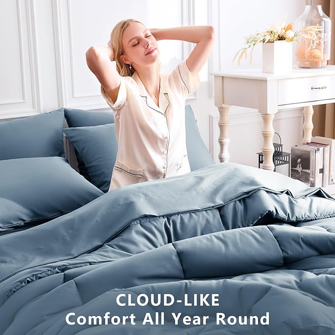 CozyLux King Size Comforter Set Mineral Blue, 7 Pieces Bed in a Bag, Blue Comforter King Size, All Season Bedding Sets with Stitch Quilted Comforter, Flat Sheet, Fitted Sheet, Pillowcases