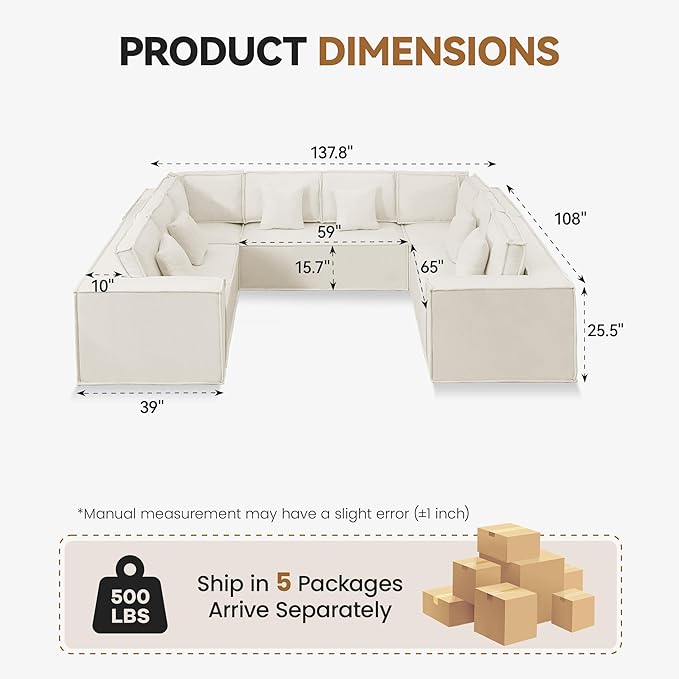 138'' Boneless Chenille U Shaped Couch, Oversized Modular Sectional 8 Seater Sofa, Modern Deep Seat Corner Cloud Compressed Couch, No Assembly Sleeper Sofa with Chaise for Living Room, Beige