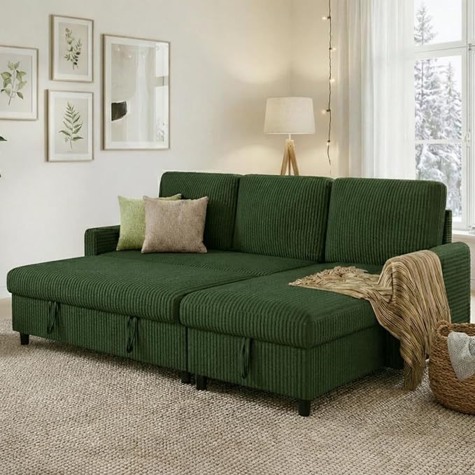 JAMFLY Pull Out Sleeper Sectional Sofa, L Shaped Corduroy Couch with Hidden Storage, Convertible Sofa Bed for Small Living Rooms and Apartments, Green