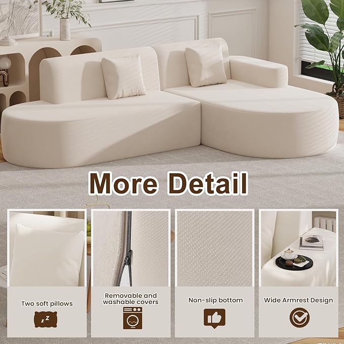 MELLCOM Modern Curved Boneless Sofa Couch, L-Shaped Corner Sofa, No Assembly Needed, Chenille Upholstered Cloud Sectional Couch for Living Room,Apartment and Bedroom (Beige, Right Hand Facing)