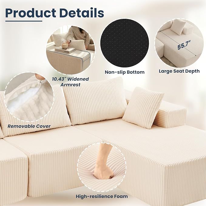 DUMOS 108" Boneless Couch, Cloud Sectional Couch with L-Shape Chaise, Modular Sectional Sofa with Deep Seat, Fluffy Couch for Living Room Bedroom, No Assembly Required (Beige, Right Facing Chaise)