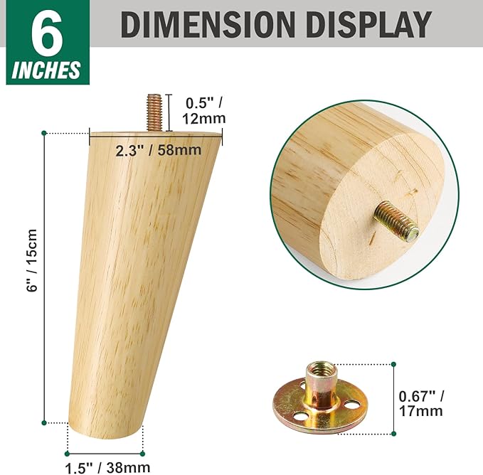 FoDau770 Rubber Wood Furniture Legs 6 Inches, Slant Tapered Wood Feet Mid Century Sofa Legs Set of 8, 5/16" UNC Furniture Feet Replacement Parts for Cabinet Couch Dresser Chair Ottoman Table