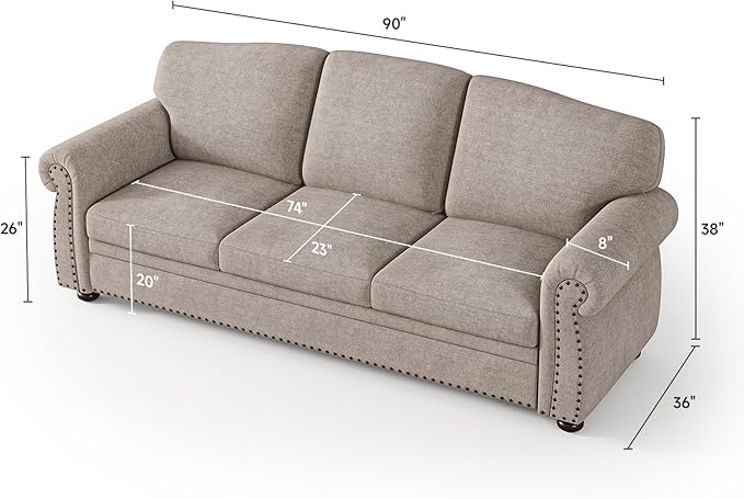 ONBRILL 90 Inch Rolled Arm Sofa for Living Room, Deep Seat Nailhead Trim Couch, Comfy 3 Seater Chenille Couch w/Wooden Leg, Springs Seat Cushion, Large Traditional Sofa for Farmhouse, Beige