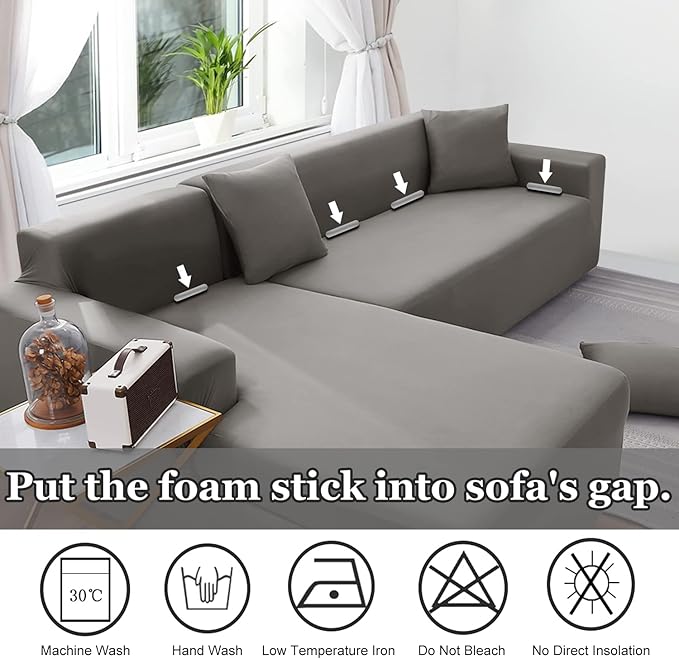 NAISI Couch Cover L Shape 2 Pieces Sofa Cover Soft Stretch Slipcovers with 2pcs Pillowcases Furniture Protector Sectional Couch Covers 3 Seater + 3 Seater(Silver Grey)