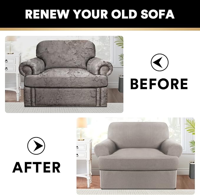 PrinceDeco 2 Pieces Armchair Slipcover Stretch Couch Covers for T Cushion Chair Slipcovers Soft Arm Chiar Cover Furniture Covers with 1 Individual T Shape Seat Covers Width Up to 40", Taupe