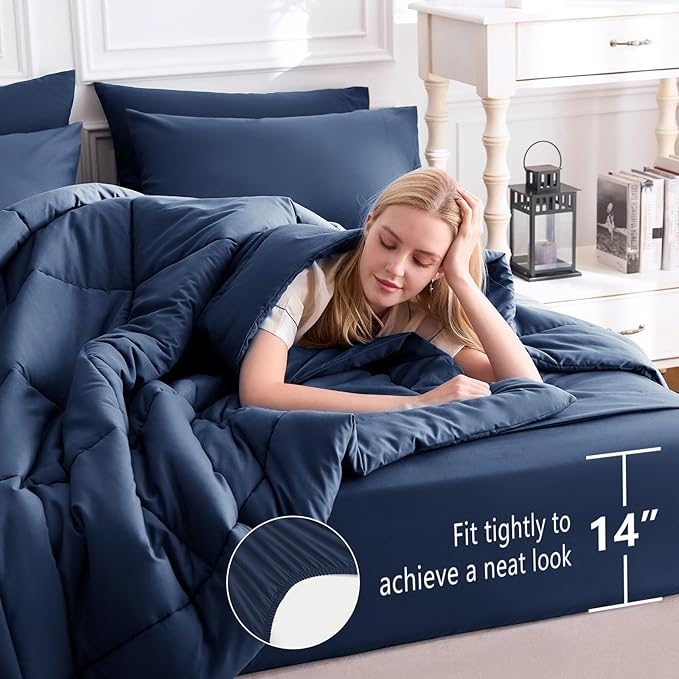 CozyLux Oversized Queen Comforter Sets Navy Blue, 7 Pieces Bed in a Bag, Ultra-Soft All Season Bedding Sets with Stitch Quilted Comforter, Flat Sheet, Fitted Sheet, Pillowcases