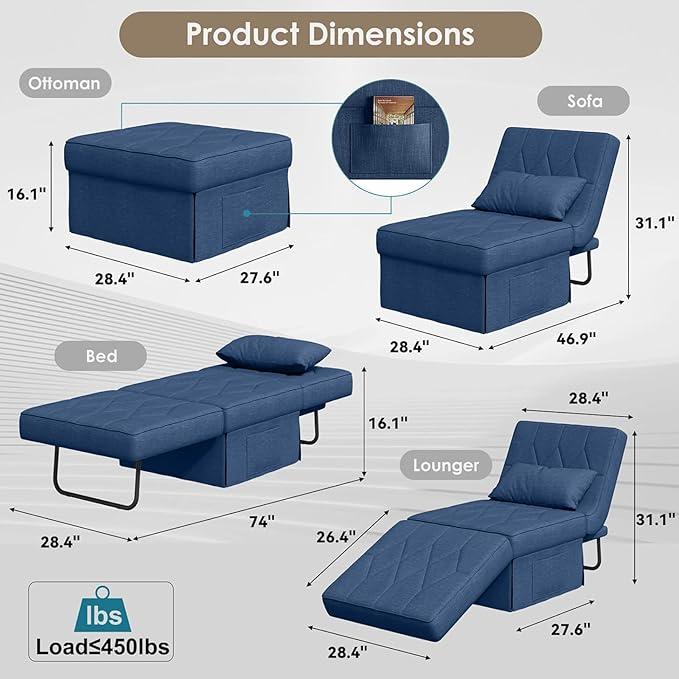 Convertible Sofa Bed with 5-Level Adjustable Backrest, 74" D x 28" W 4-in-1 Folding Ottoman Sleeper Chair Bed, Modern Single Futon Couch for Living Room Apartment Dorm Small Space, Navy Blue