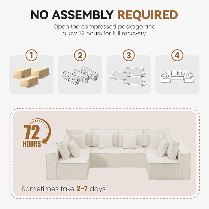138'' Boneless Chenille Cloud Sectional Sofa, Oversized 6-Seater U-Shaped Modular Couch with Chaise, Extra Deep Seat Sleeper Sofa, No Assembly Compressed Sofa, Beige