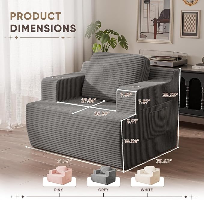 Homall 42” Single Sofa Foam Couch for Small Spaces Upholstered Floor Sofa with Cup Holder & Storage Pocket Boneless Couch for Bedroom Living Room (Grey, Single)