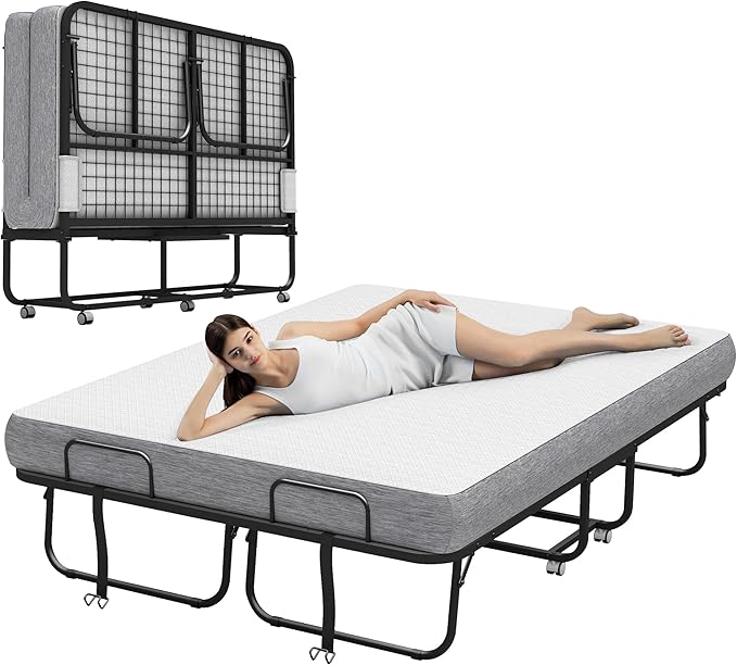 Espsilto 75''x54'' Foled Bed with Mattress, Full Size Rollaway Bed, Comfortable Sleep for Guest, Easy to Store, Simple Hospital Bed, for School Use