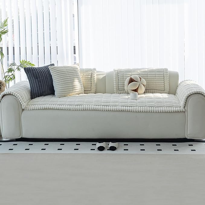 Sofa Couch Cover, Sofa Covers for Dogs Washable, Non-Slip Striped Sofa Slipcovers for Sectional Sofa, Sofa Cover Furniture Protector for L Shaped(Beige White, 27.6"x 27.6")