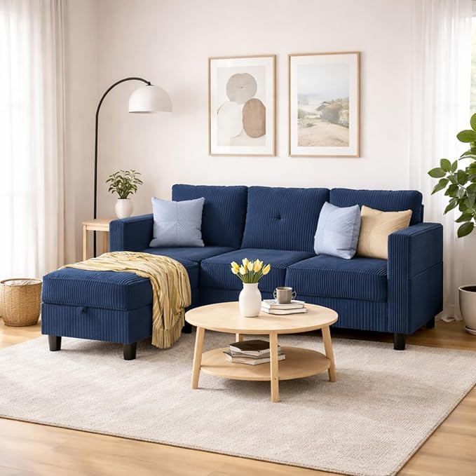 JAMFLY Convertible L-Shaped Sectional Sofa with Reversible Storage Ottoman, 3-Seat Couch with Side Pockets, Modern Compact Furniture for Small Apartments, Studios & Lofts, Blue