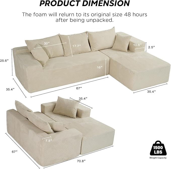 103” Cloud Sectional Couch with L-Shape Chaise,Modern Modular Sofa with Deep Seat, Upholstered Couches for Living Room Bedroom,No Assembly Required, Beige (Right Facing Chaise)