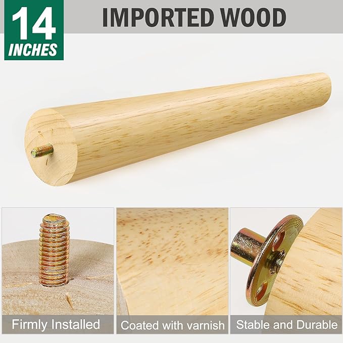 FoDau770 Rubber Wood Furniture Legs 14 Inches, Slant Tapered Wood Feet Mid Century Sofa Legs Set of 4, 5/16" UNC Furniture Feet Replacement Parts for Cabinet Couch Dresser Chair Ottoman Table