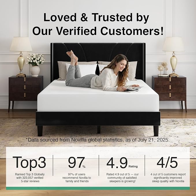 Novilla Queen Size Bed Frame, Queen Bed Frame with Headboard, Velvet Upholstered Wing Side Headboard, No Box Spring Needed, Heavy Duty Feet, Easy Assembly, Black Velvet